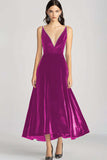 Velvet Beaded V Neck Tea-Length Burgundy Formal Dress