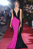 Mermaid Black&White Deep V Neck Long Gala Dress