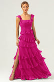 Dark Navy A Line Tiered Chiffon Maxi Bridesmaid Dress