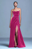 Burgundy Strapless Velvet A Line Formal Dress with Slit