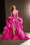 Dark Red A-Line Strapless Ruched Pageant Dress With Slit