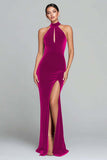 Burgundy Velvet Halter Mermaid Formal Dress With Slit