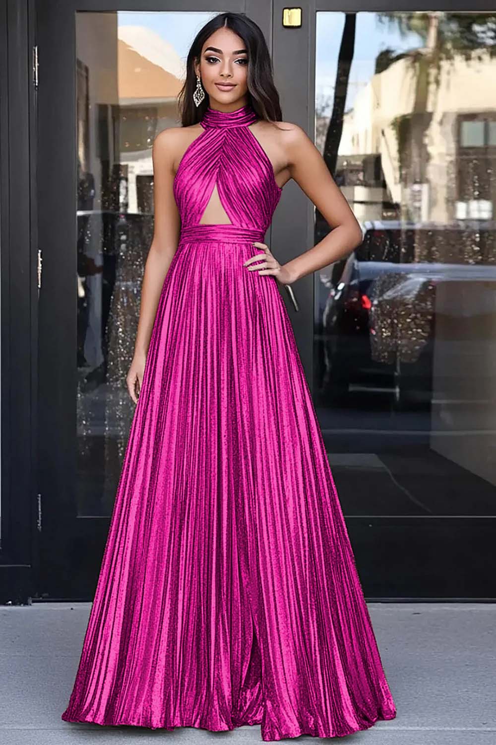 Berylove Women Gold Prom Dress Halter Neck A-Line Metallic Cut-Out Long Formal Dress Berylove Women Gold Prom Dress Halter Neck A-Line Metallic Cut-Out Long Formal Dress