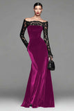Burgundy Velvet Off The Shoulder Mermaid Formal Dress with Long Sleeves