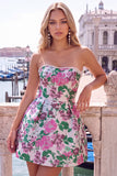 Strapless Pink Floral A Line Homecoming Dress With Bow