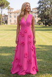 A Line V-Neck Fuchsia and Red Maxi Formal Dress With 3D Flowers