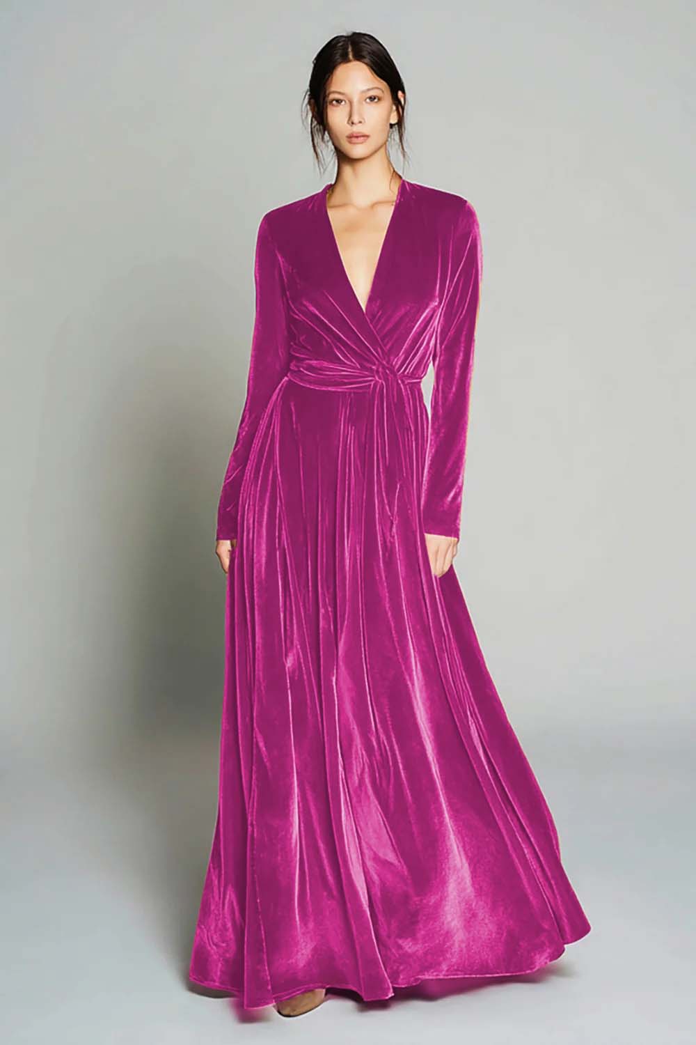 Berylove Women Brown Velvet Holiday Dress A-Line Long Sleeve V-Neck Formal Dress, Fuchsia / US16W Berylove Women Brown Velvet Holiday Dress A-Line Long Sleeve V-Neck Formal Dress, Fuchsia / US16W