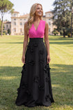 A Line V-Neck Fuchsia and Red Maxi Formal Dress With 3D Flowers