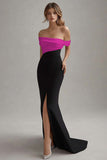 Elegant Off the Shoulder Black White Formal Dress with Slit