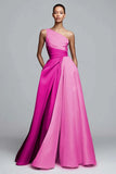 Pink Colorblock A-Line One Shoulder Formal Dress