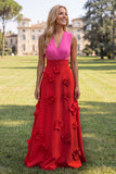 A Line V-Neck Fuchsia and Red Maxi Formal Dress With 3D Flowers