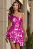 One Shoulder Ruched Metallic Gold Homecoming Dress With Ruffles