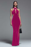 Dark Green Halter Mermaid Cut Out Velvet Formal Dress With Slit
