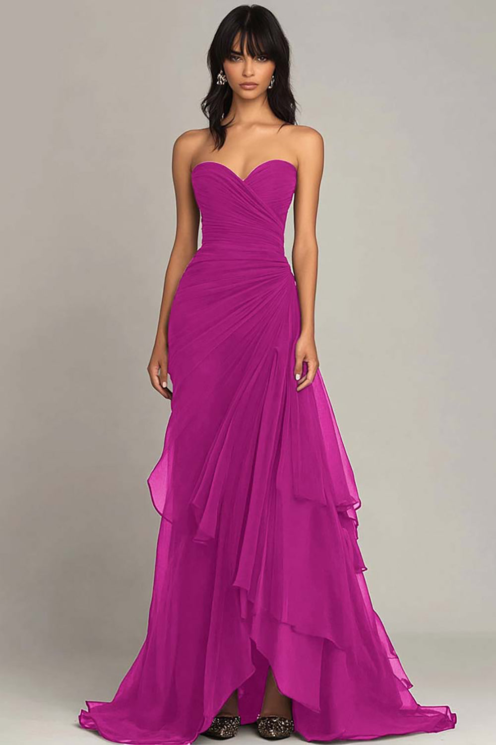 Berylove Women Elegant Sweetheart Ruffled Black Tie Dress Ruched Strapless Mermaid Black Dress
