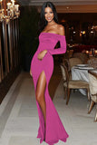 Burgundy Off The Shoulder Satin Gala Dress With Slit