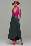 Orange and Fuchsia V-Neck A-Line Formal Dress With Bow