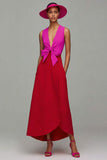 Orange and Fuchsia V-Neck A-Line Formal Dress With Bow