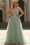 Green Plus Size A Line Appliqued Prom Dress