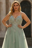 Green Plus Size A Line Appliqued Prom Dress