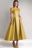 Fuchsia A Line Puff Sleeves Mother of the Bride Dress