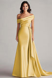 Champagne One Shoulder Satin Formal Dress with Sash