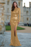 Dark Green Sequin Mermaid Long Sleeve Formal Dress With Slit