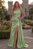 Sparkly One Shoulder Dark Green Ruched Prom Dress