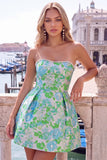 Strapless Pink Floral A Line Homecoming Dress With Bow