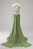 Sparkly Dark Green Mermaid Halter Corset Sequin Prom Dress