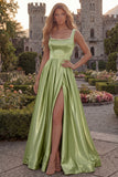 Blush A Line Square Neck Satin Prom Dress with Pearls