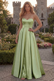 Strapless A Line Satin Fuchsia Maxi Prom Dress