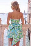 Strapless Pink Floral A Line Homecoming Dress With Bow