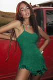 Sparkly White A Line Spaghetti Straps Mini Dress with Tassels