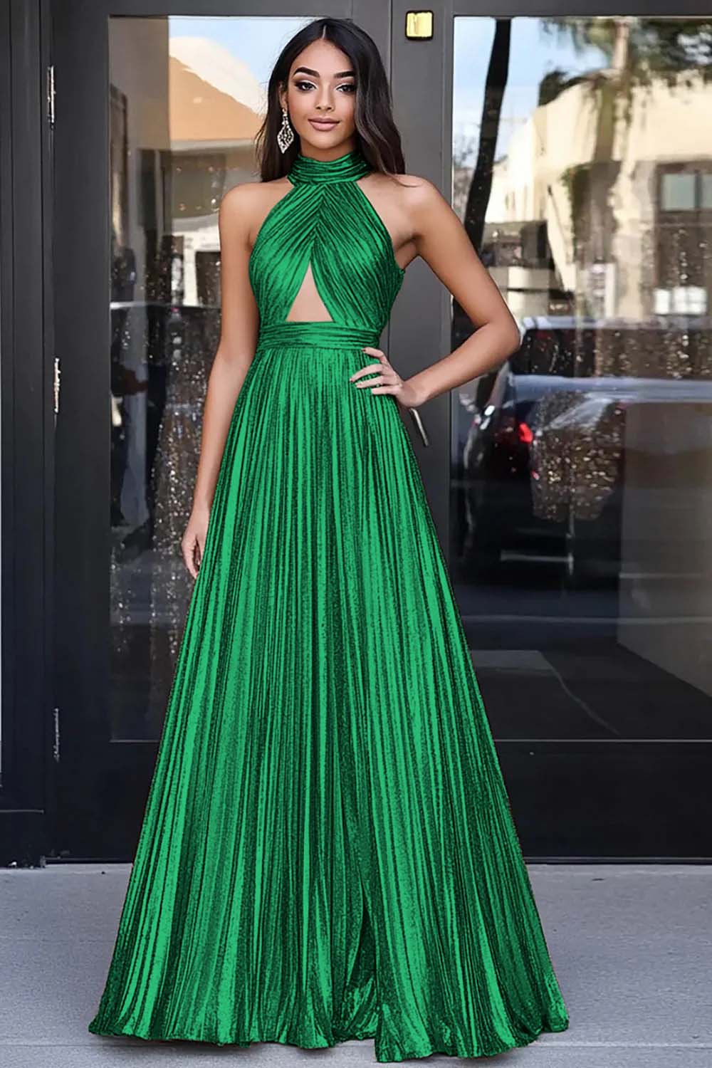 Berylove Women Gold Prom Dress Halter Neck A-Line Metallic Cut-Out Long Formal Dress Berylove Women Gold Prom Dress Halter Neck A-Line Metallic Cut-Out Long Formal Dress