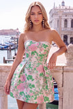 Strapless Pink Floral A Line Homecoming Dress With Bow