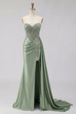Sweetheart Mermaid Mint Green Beaded Satin Prom Dress With Slit