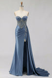 Sweetheart Mermaid Mint Green Beaded Satin Prom Dress With Slit