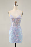 Light Blue Corset Appliqued Bodycon Homecoming Dress with Sequins