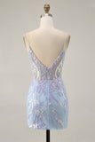 Light Blue Corset Appliqued Bodycon Homecoming Dress with Sequins