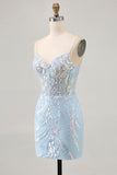 Light Blue Corset Appliqued Bodycon Homecoming Dress with Sequins