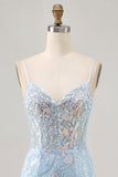 Light Blue Corset Appliqued Bodycon Homecoming Dress with Sequins