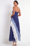 Blue Strapless A Line Ruched Ruffled Maxi Formal Dress