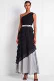 One Shoulder Black A Line Ruched Formal Dress with Ruffles