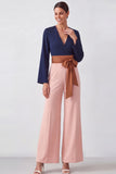 Long Sleeve Brown V Neck Mother of the Bride Jumpsuit with Bow