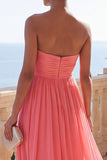 Strapless Pink A Line Pleated Wedding Guest Dress