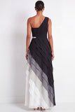 One Shoulder Ruched A Line Ruffled Black and White Maxi Formal Dress