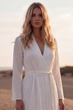 White Ruched Long Sleeve A Line Wedding Dress