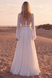 White V Neck Long Sleeve Lace A Line Pleated Wedding Dress