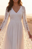 White A Line Long Sleeve Lace Maxi Wedding Dress with Cape