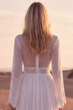 White V Neck Long Sleeve Lace A Line Pleated Wedding Dress
